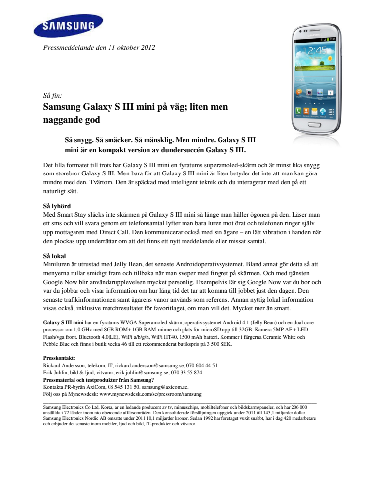 Samsung Galaxy S III mini på väg; liten men naggande god