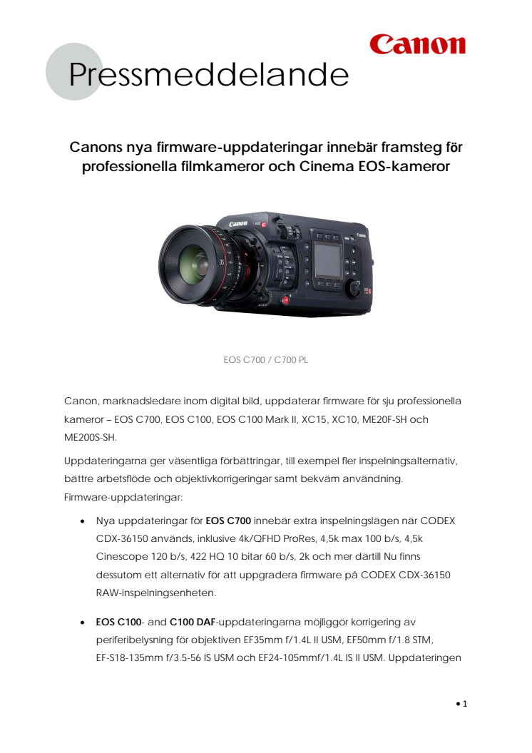 Canons nya firmware-uppdateringar innebär framsteg för professionella filmkameror och Cinema EOS-kameror