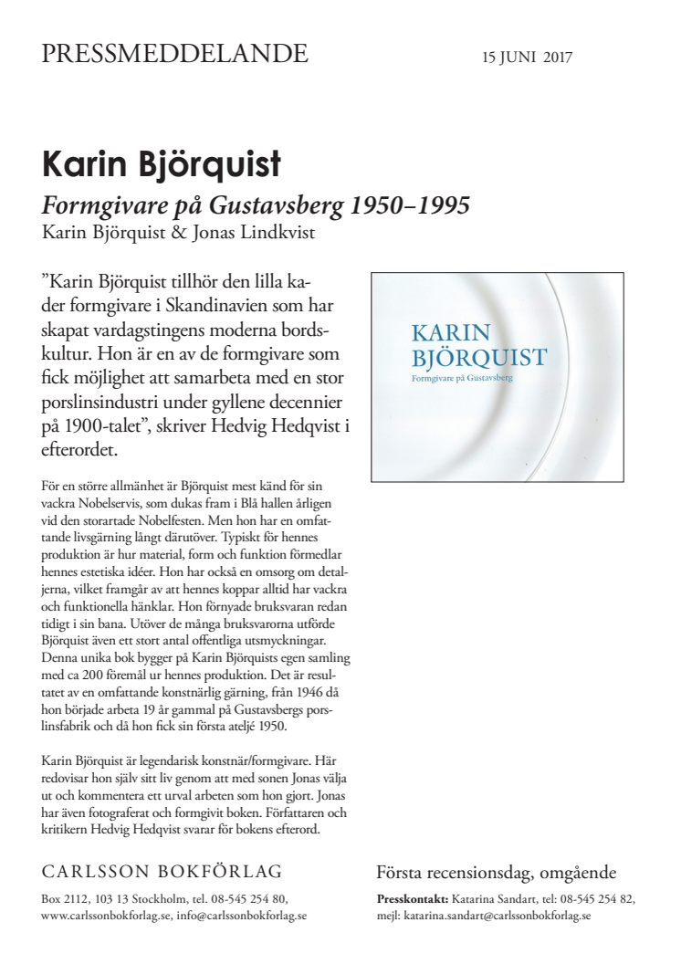 Karin Björquist. Formgivare på Gustavsberg 1950–1995. Ny bok!