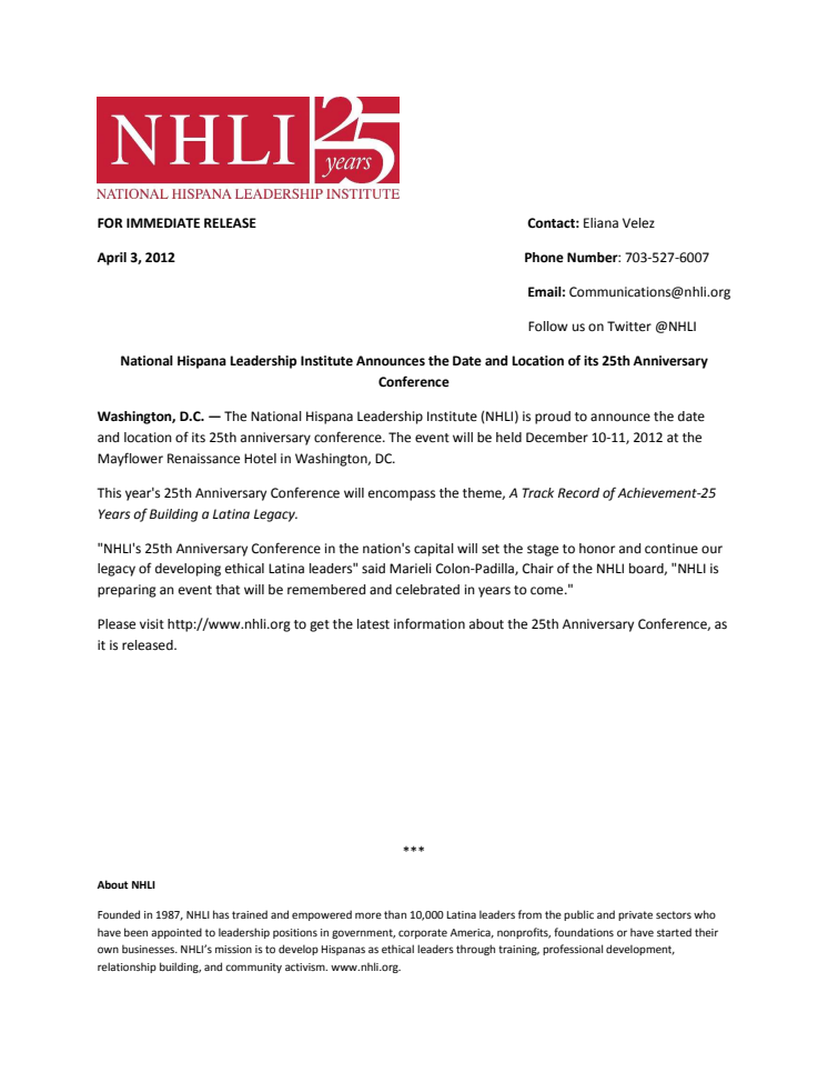 National Hispana Leadership Institute Announces the Date and Location of its 25th Anniversary Conference