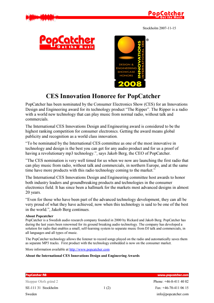 CES Innovation Honoree - PopCatcher one of top products in the world
