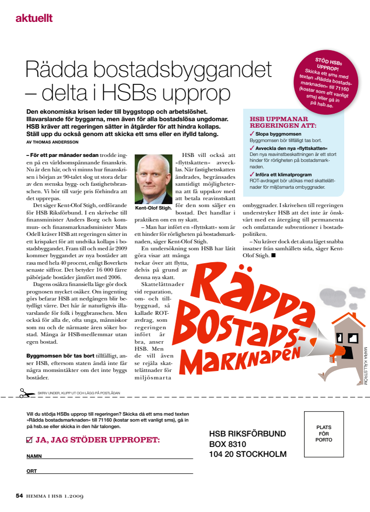 Upprop i tidningen Hemma i HSB om ökat byggande