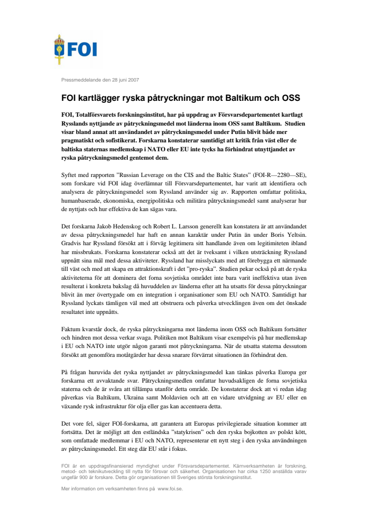 FOI kartlägger ryska påtryckningar mot Baltikum och OSS 