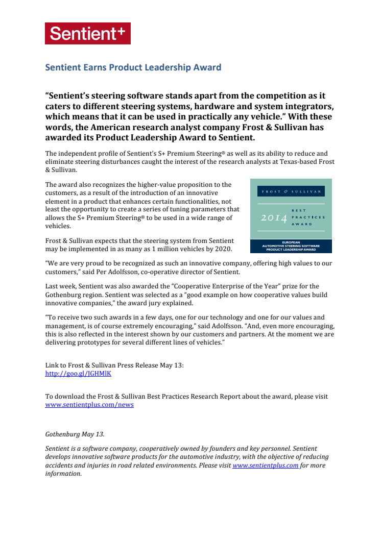 Sentient Earns Product Leadership Award