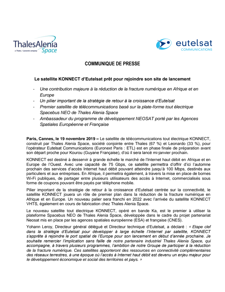 Le satellite KONNECT d’Eutelsat prêt pour rejoindre son site de lancement