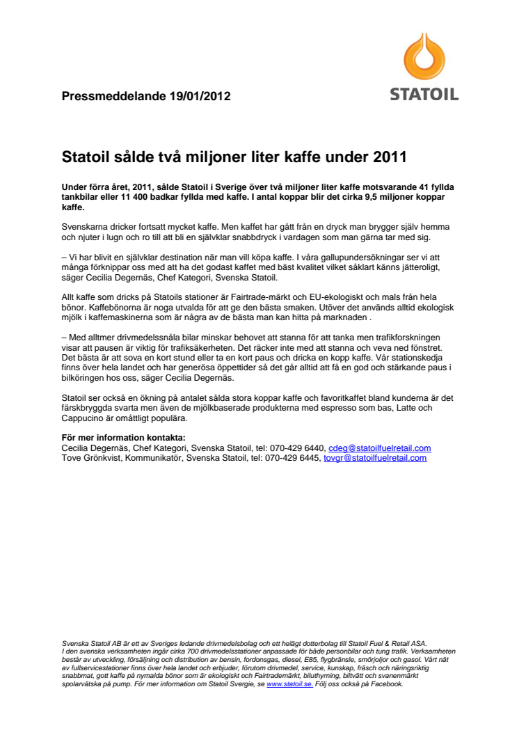 Statoil sålde två miljoner liter kaffe under 2011