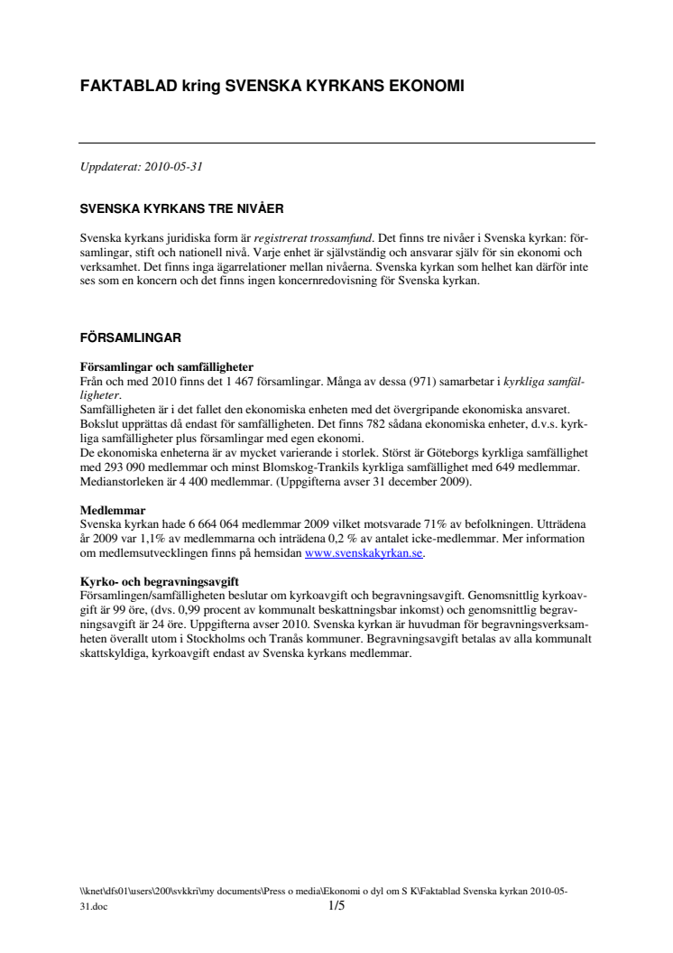 Fakta om Svenska kyrkans ekonomi maj 2010