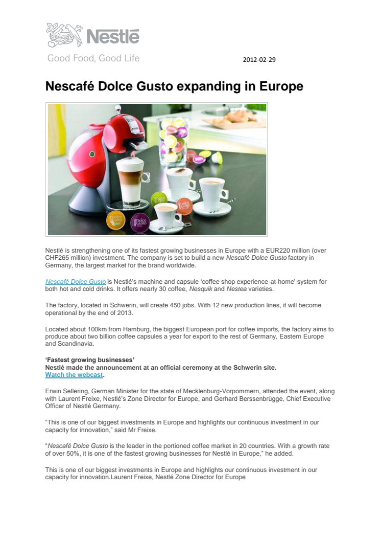 Nescafé Dolce Gusto expanding in Europe