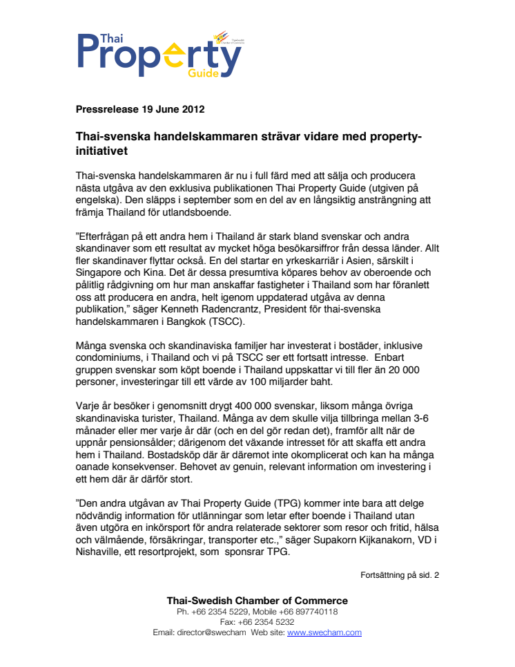 Thai-svenska handelskammaren strävar vidare med property-initiativet 