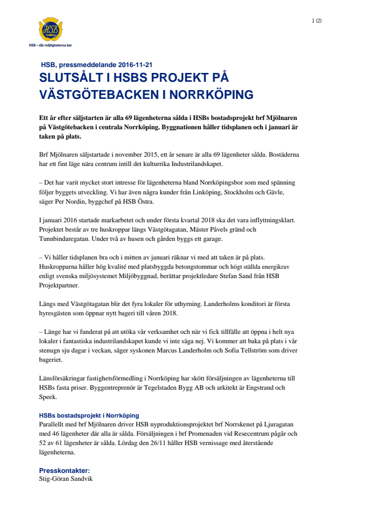 Slutsålt i HSBs bostadsprojekt på Västgötebacken i Norrköping