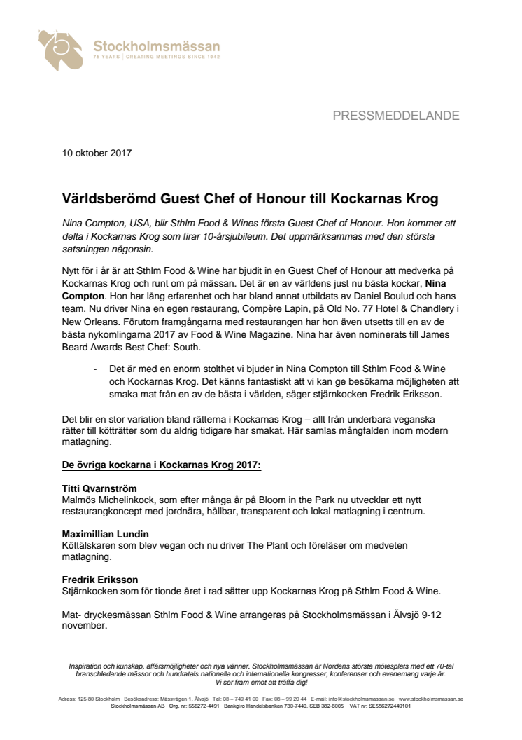 Världsberömd Guest Chef of Honour till Kockarnas Krog