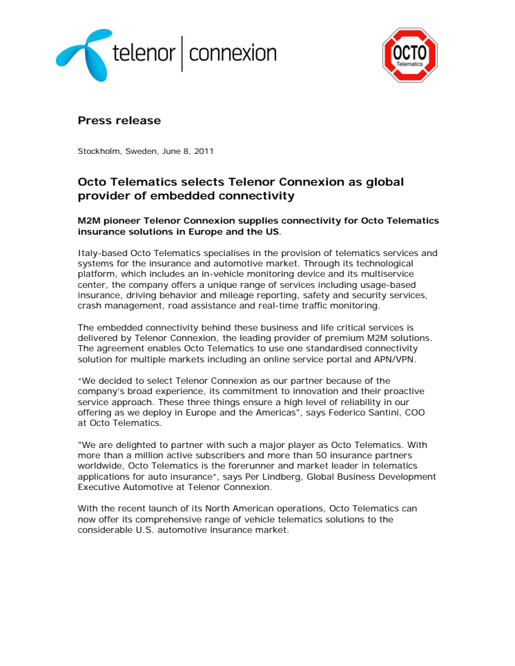 Octo Telematics selects Telenor Connexion as global provider of embedded connectivity