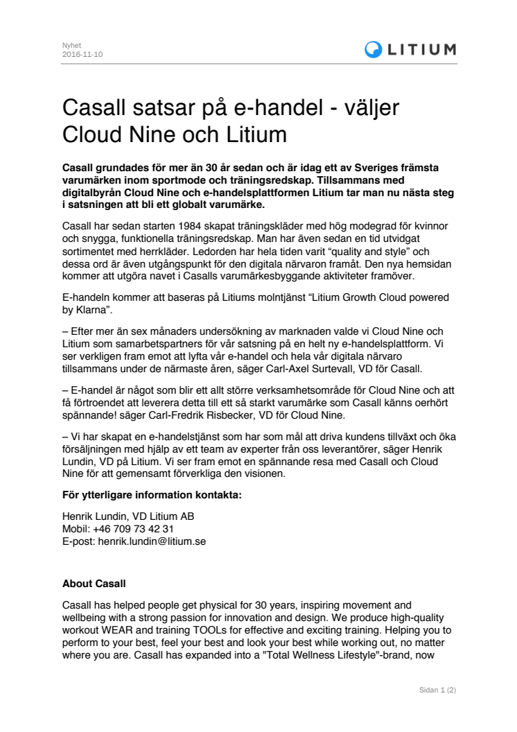 Casall satsar på e-handel - väljer Cloud Nine och Litium