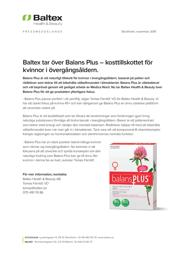 Baltex tar över Balans Plus – kosttillskottet för kvinnor i övergångsåldern.