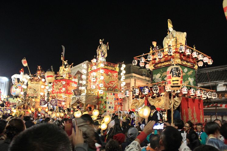 Row of dashi floats during the evening parade