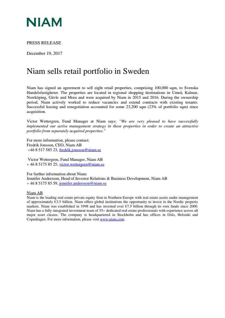 Niam sells retail portfolio in Sweden