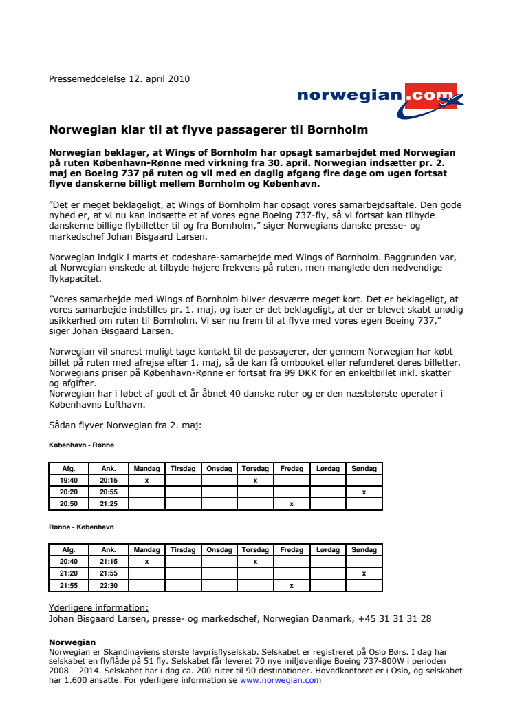 Norwegian klar til at flyve passagerer til Bornholm