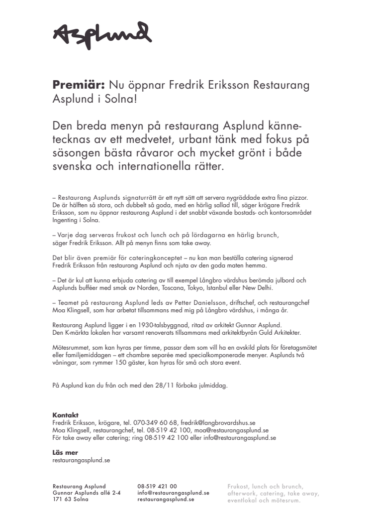 PREMIÄR: Nu öppnar Fredrik Eriksson restaurang Asplund i Solna!