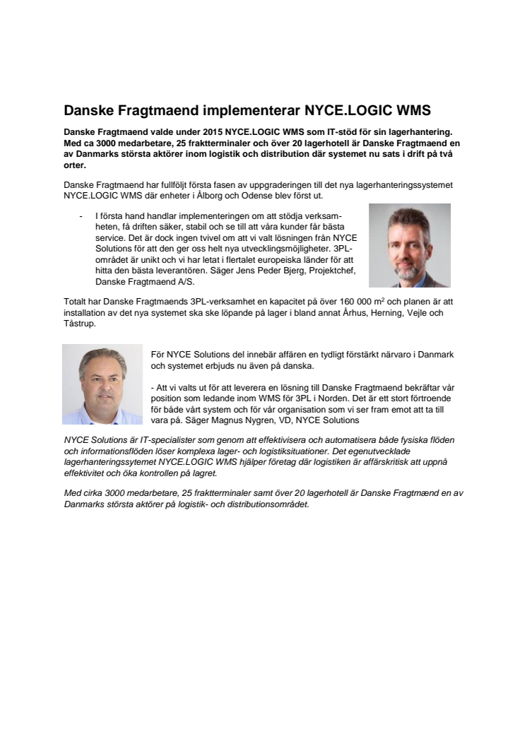 Danske Fragtmaend implementerar NYCE.LOGIC WMS
