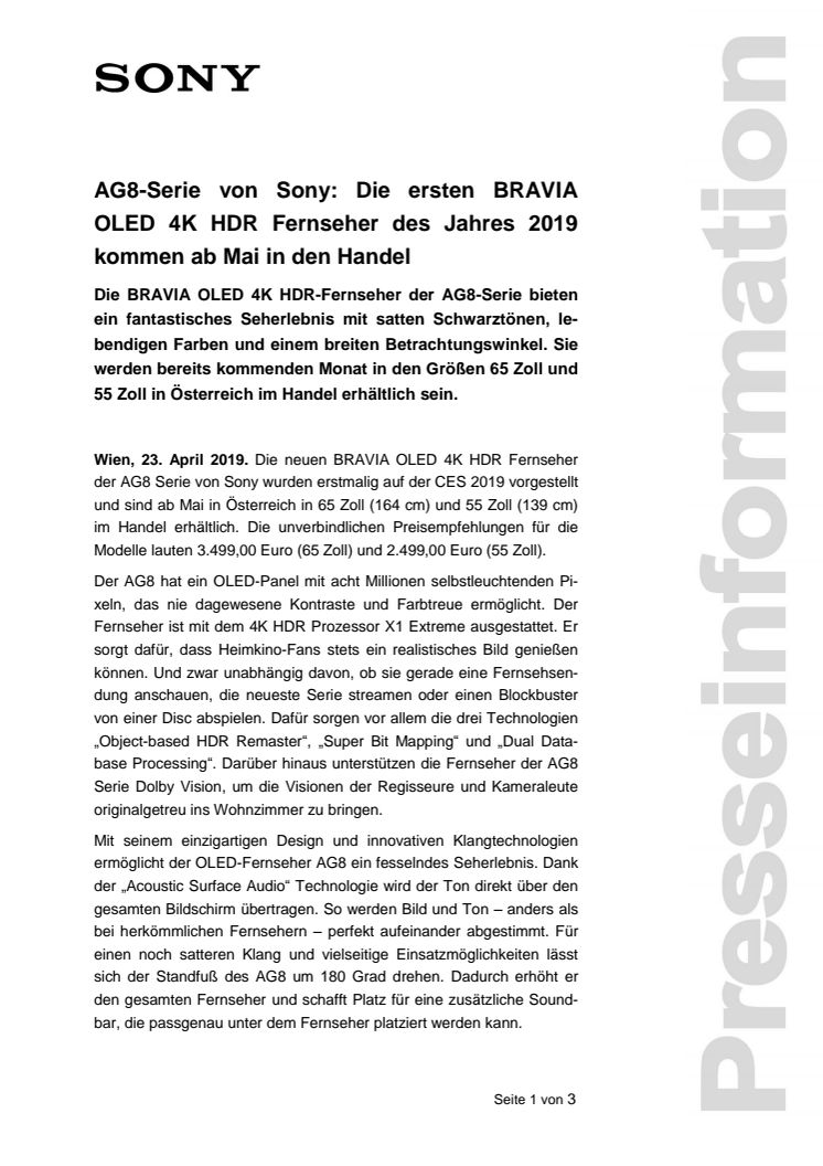 AG8-Serie von Sony: Die ersten BRAVIA OLED 4K HDR Fernseher des Jahres 2019 kommen ab Mai in den Handel