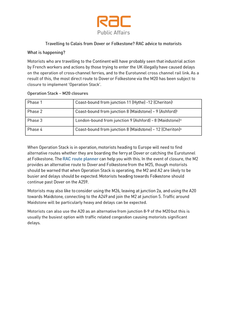 RAC advice to motorists heading to Dover and Folkestone