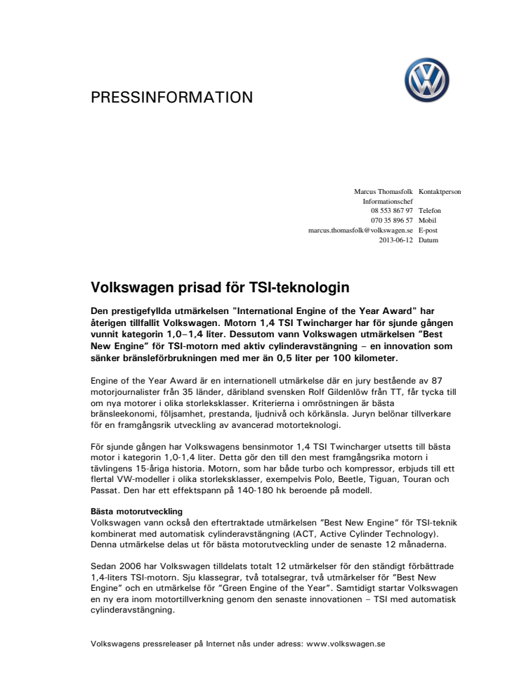 Volkswagen prisad för TSI-teknologin