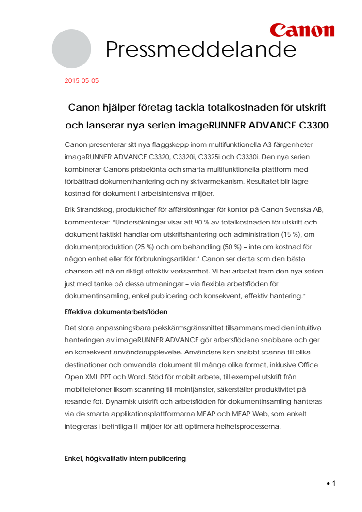 Canon hjälper företag tackla totalkostnaden för utskrift och lanserar nya serien imageRUNNER ADVANCE C3300