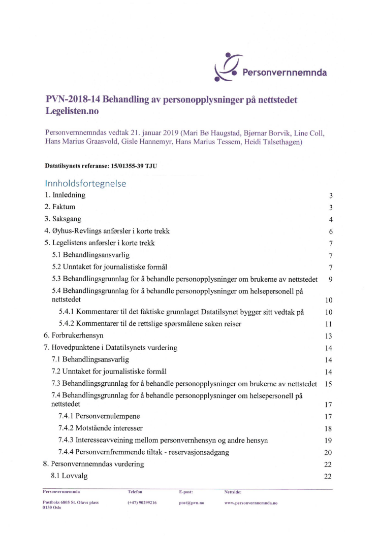 Personvernnemndas vedtak PVN-2018-14