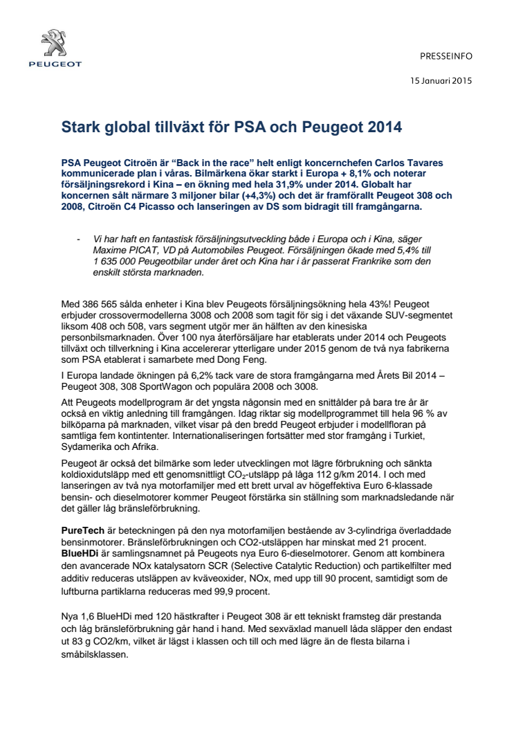 Stark global tillväxt för PSA och Peugeot 2014 