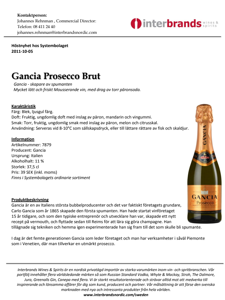 Gancia Prosecco Brut - Ny produkt på Systembolaget