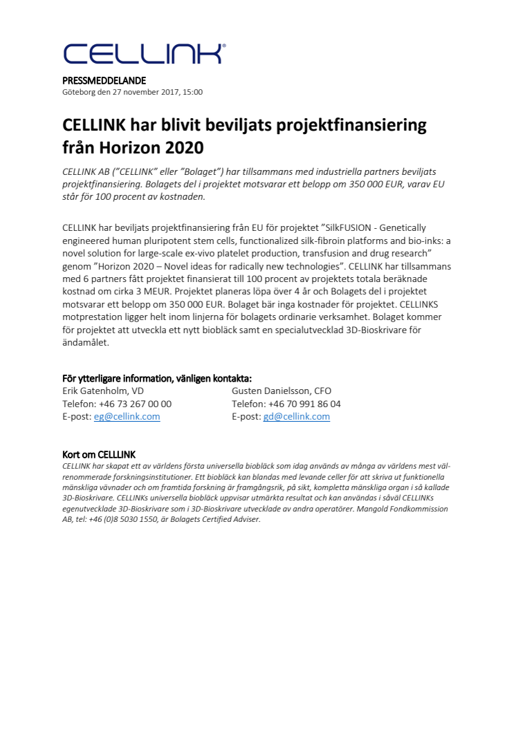 CELLINK beviljat projektfinansiering från Horizon 2020