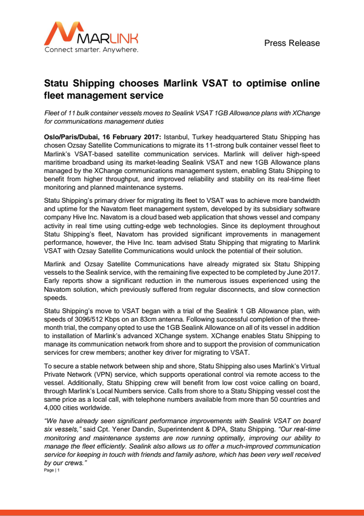 Marlink: Statu Shipping chooses Marlink VSAT to optimise online fleet management service