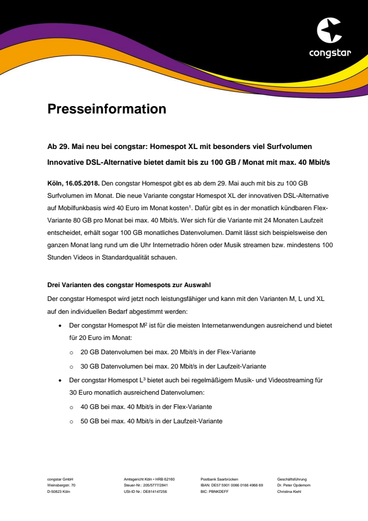 Ab 29. Mai neu bei congstar: Homespot XL mit besonders viel Surfvolumen 