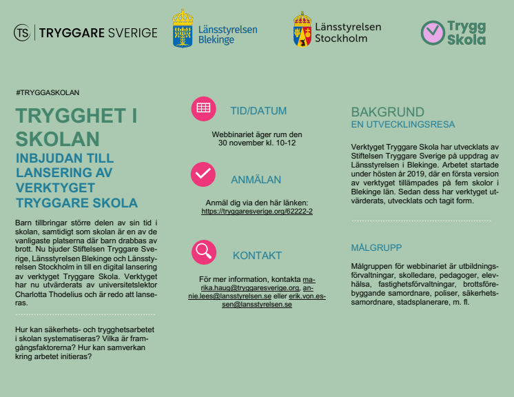 Inbjudan - Lansering av verktyget Tryggare Skola