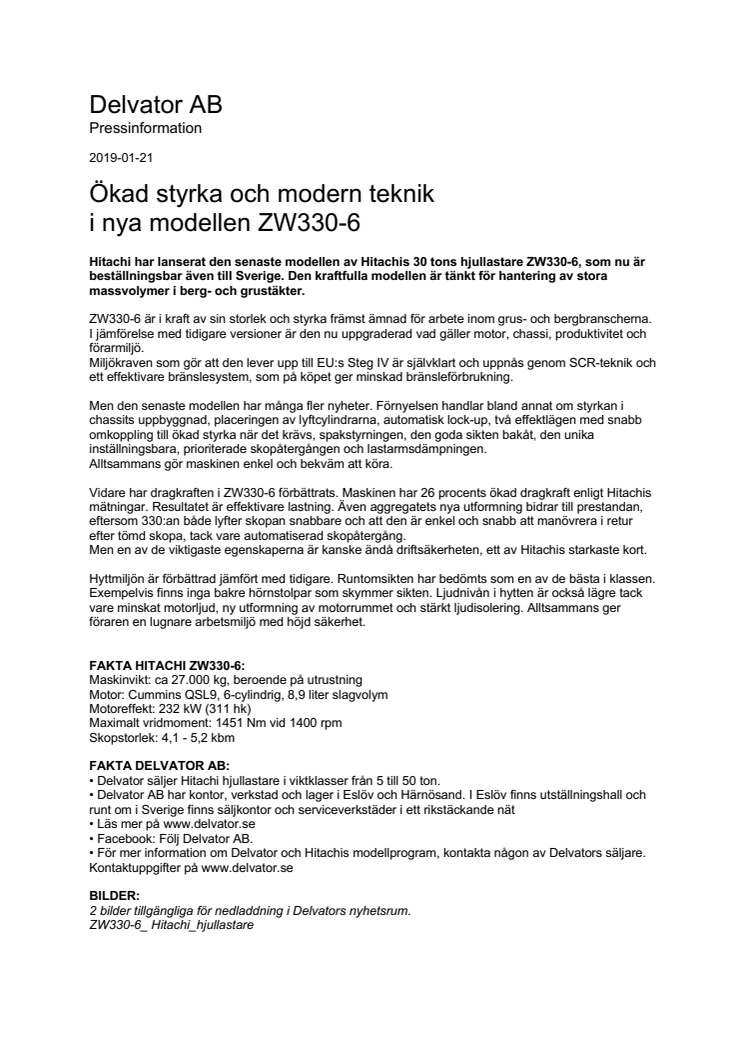 Ökad styrka och modern teknik i nya Hitachi ZW330-6