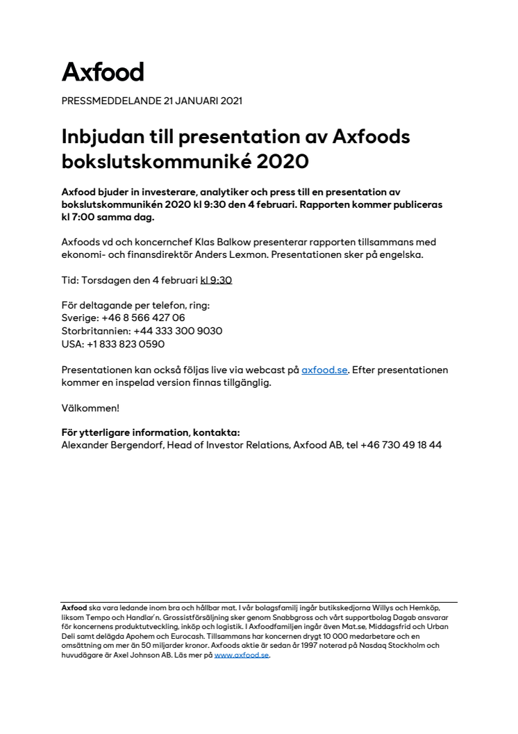 Inbjudan till presentation av Axfoods bokslutskommuniké 2020