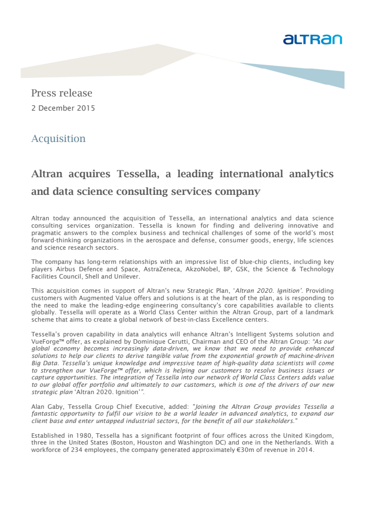 Acquisition - Altran acquires Tessella, a leading international analytics and data science consulting services company