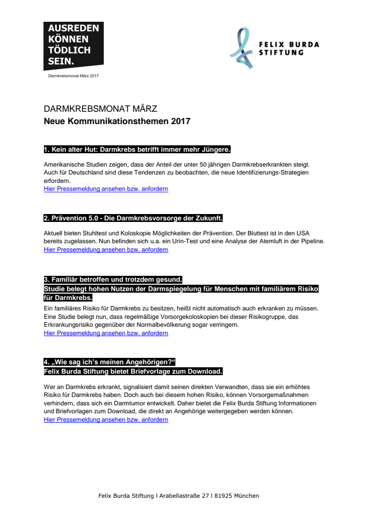 Darmkrebsmonat März 2017: Themenschwerpunkte der Felix Burda Stiftung