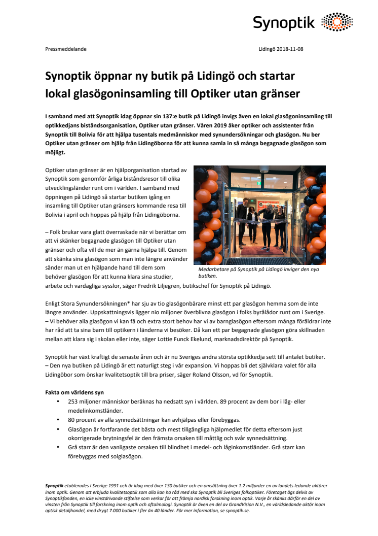 Synoptik öppnar ny butik på Lidingö och startar  lokal glasögoninsamling till Optiker utan gränser