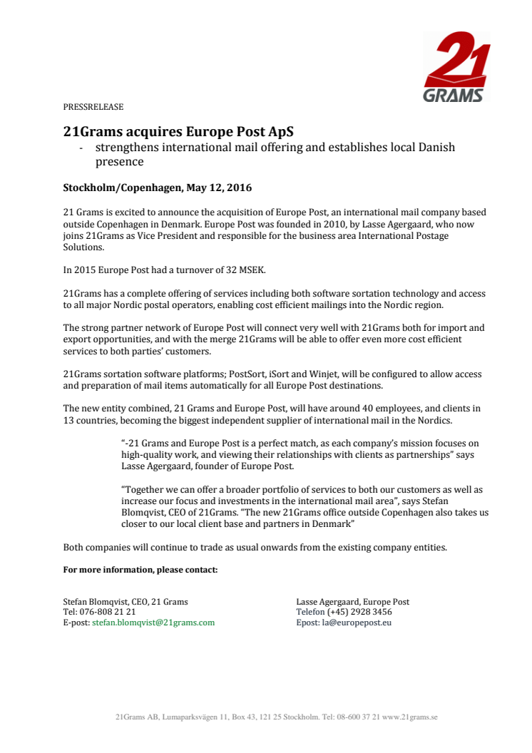  21Grams acquires Europe Post ApS