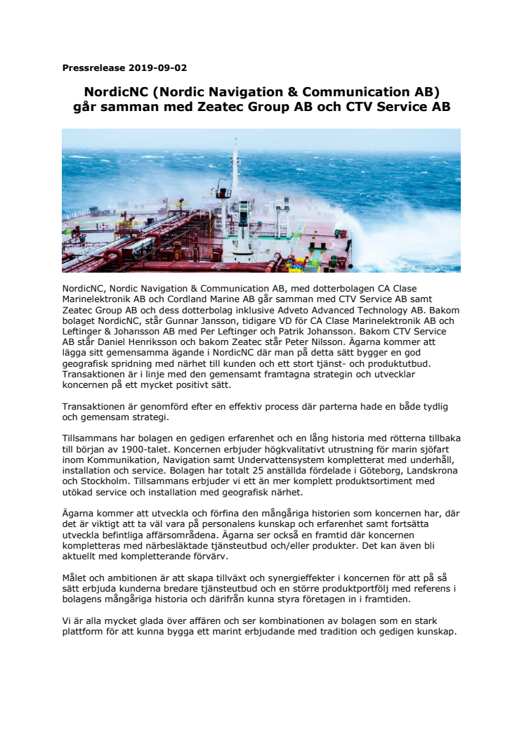 NordicNC (Nordic Navigation & Communication AB) går samman med Zeatec Group AB och CTV Service AB