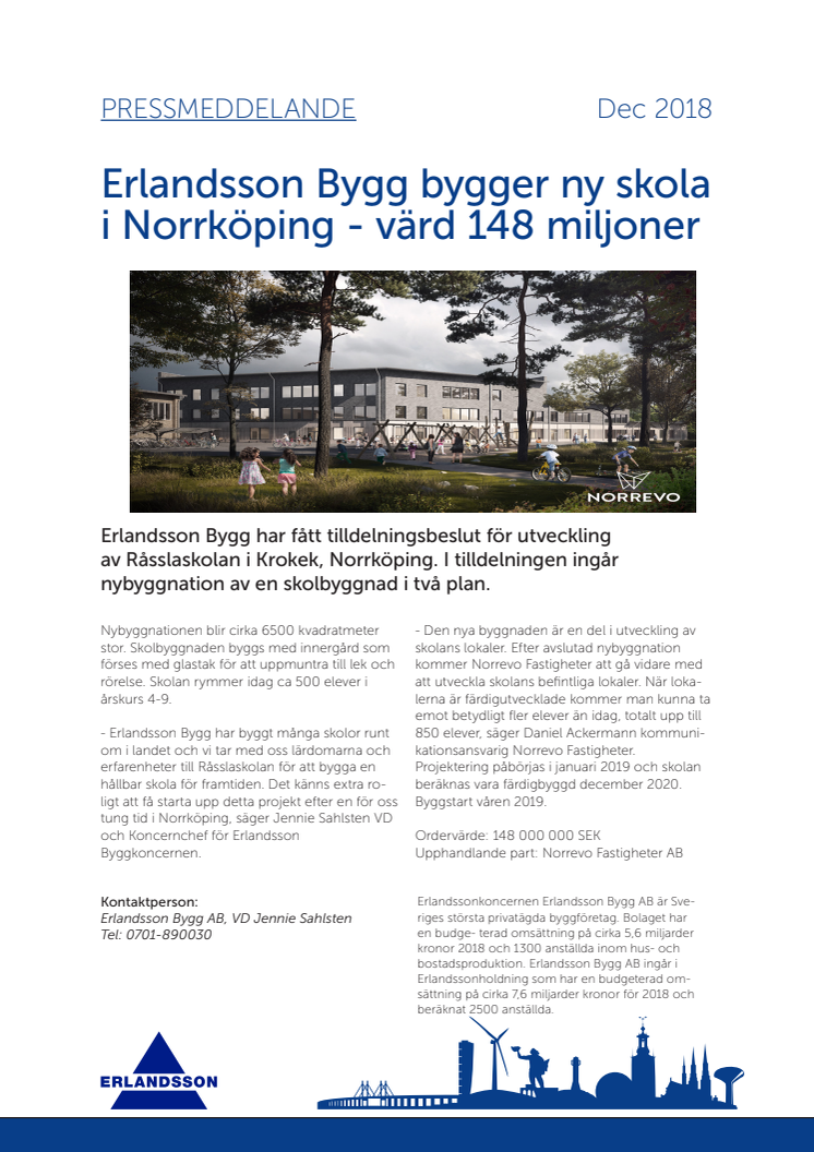 Erlandsson Bygg utvecklar skola i Norrköping - värd 148 miljoner