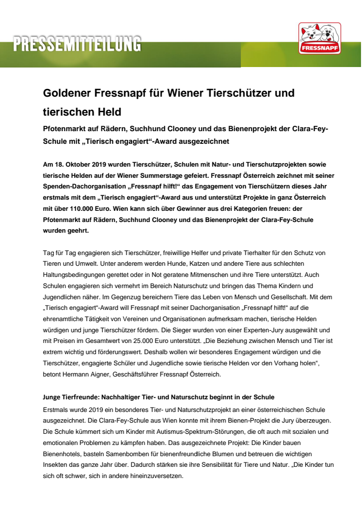Goldener Fressnapf für Wiener Tierschützer und tierischen Held