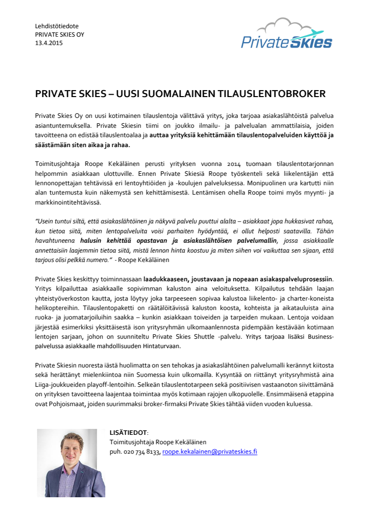Private Skies – uusi suomalainen tilauslentobroker