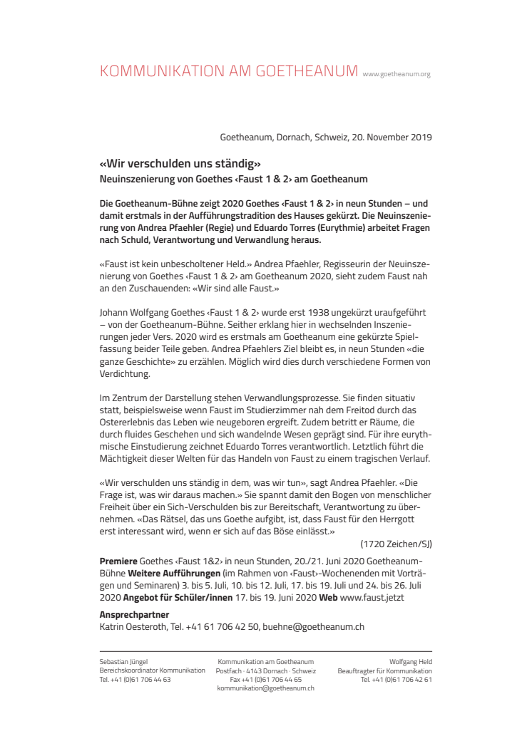 «Wir verschulden uns ständig». ​Neuinszenierung von Goethes ‹Faust 1 & 2› am Goetheanum
