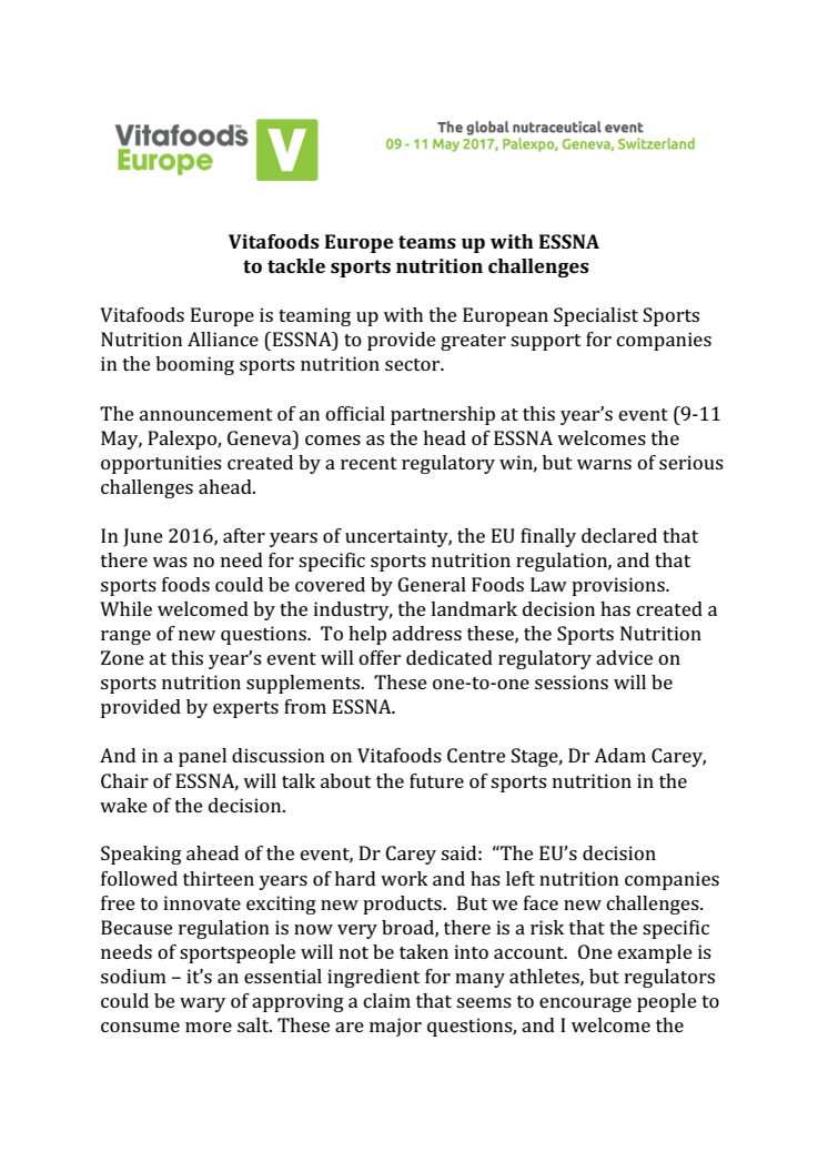 PRESS RELEASE: Vitafoods Europe teams up with ESSNA  to tackle sports nutrition challenges