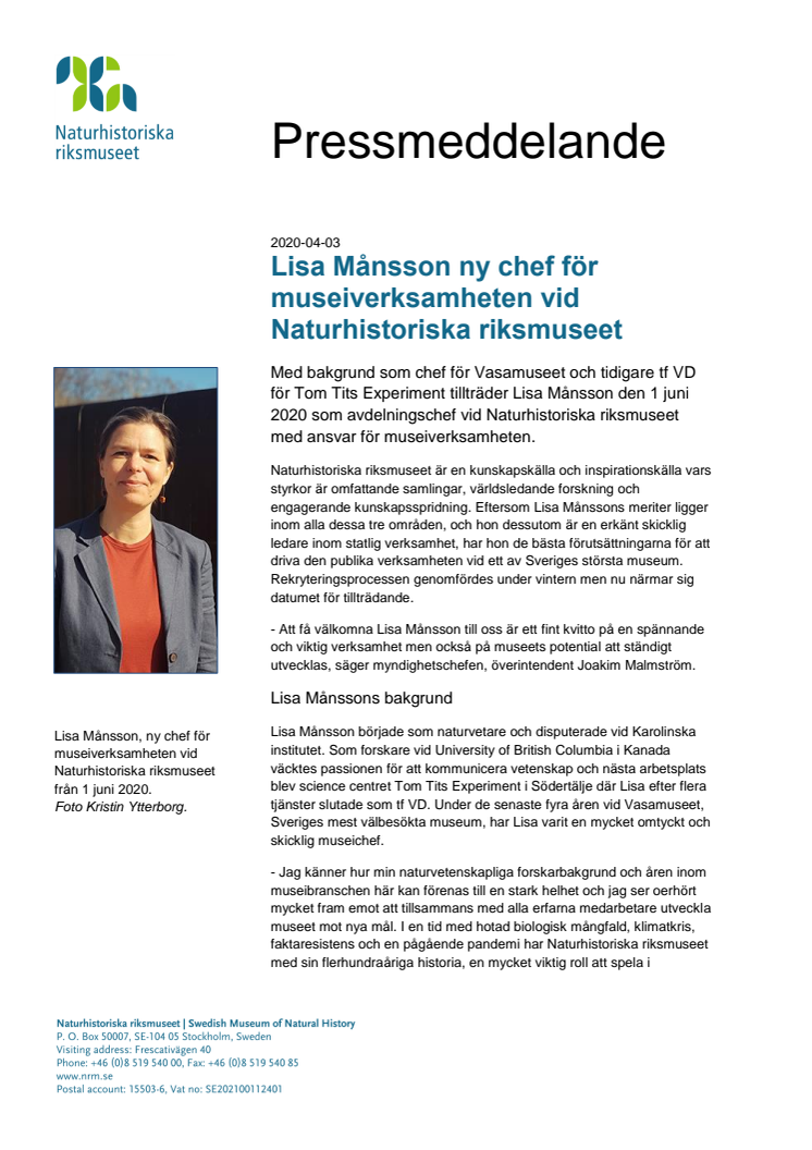 Lisa Månsson ny chef för museiverksamheten vid Naturhistoriska riksmuseet