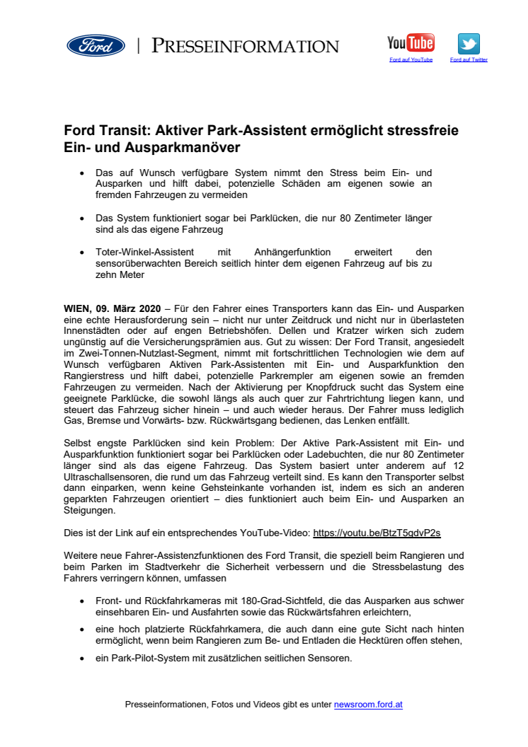 ​Ford Transit: Stressfreie Ein- und Ausparkmanöver dank aktivem Park-Assistenten 