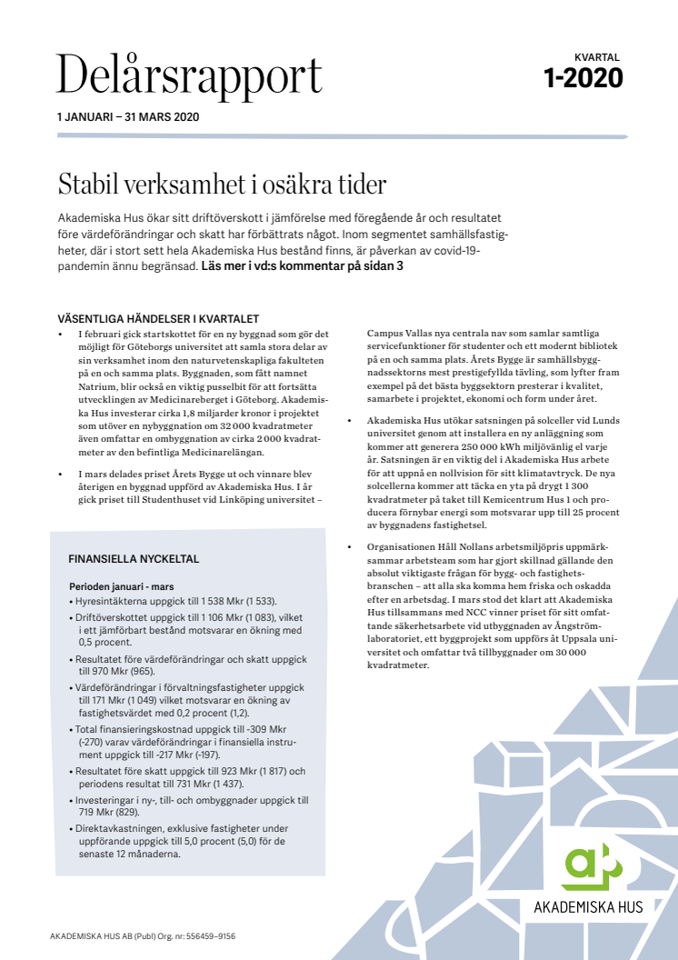  Delårsrapport 1 januari – 31 mars 2020