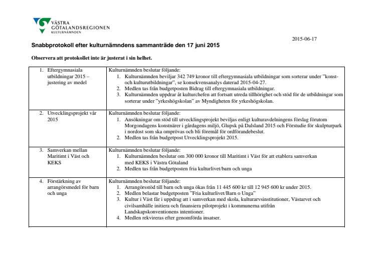 Snabbprotokoll, kulturnämnden, 150617